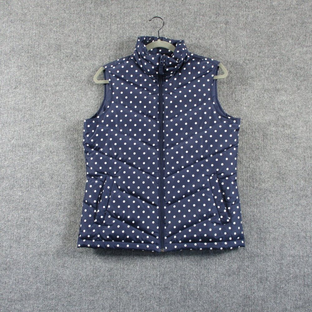 Lands End Down Puffer Vest Jacket Womens Small Blue Full Zip Outdoors Hike Dots